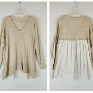 Anthropologie Moth Cream & White Knit V Neck Loose Sweater Chiffon Size Small